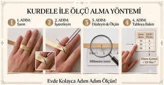 Kurdele ile yüzük ölçüsü alma yöntemi: sar, işaretle, düzle ve ölç, tabloya bak