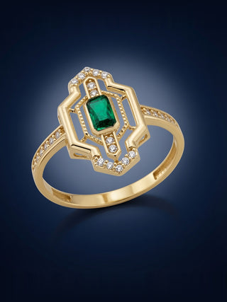 14 Ayar Altın Art Deco Yeşil Taşlı Minimal Yüzük
